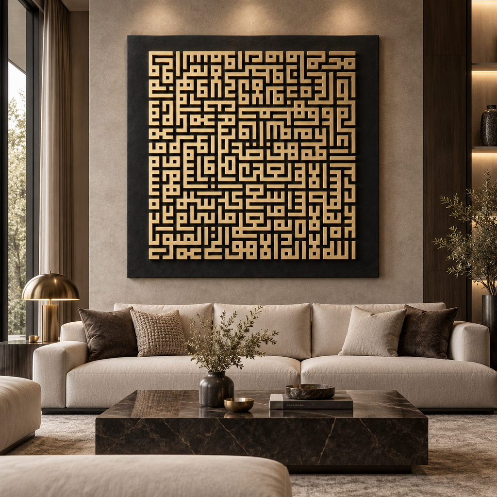 A large square black wall art piece with an intricate gold geometric maze pattern, displayed above a modern beige sofa in a stylishly decorated living room.