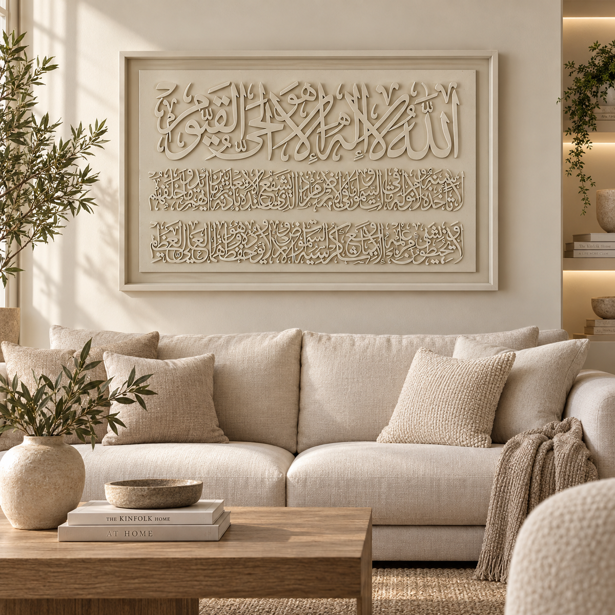 Large framed Islamic wall art featuring Arabic calligraphy in a light beige tone, displayed above a modern beige sofa in a styled living room setting.