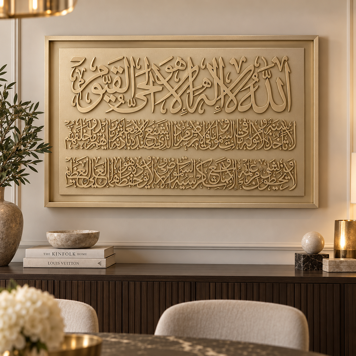 Large framed Islamic wall art featuring elegant Arabic calligraphy in a warm beige tone, displayed in a modern dining room setting above a dark wood credenza.