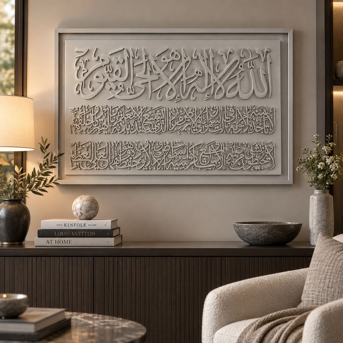 Large framed Islamic wall art featuring elegant Arabic calligraphy in a light gray tone, displayed in a modern living room setting above a dark wood console table.